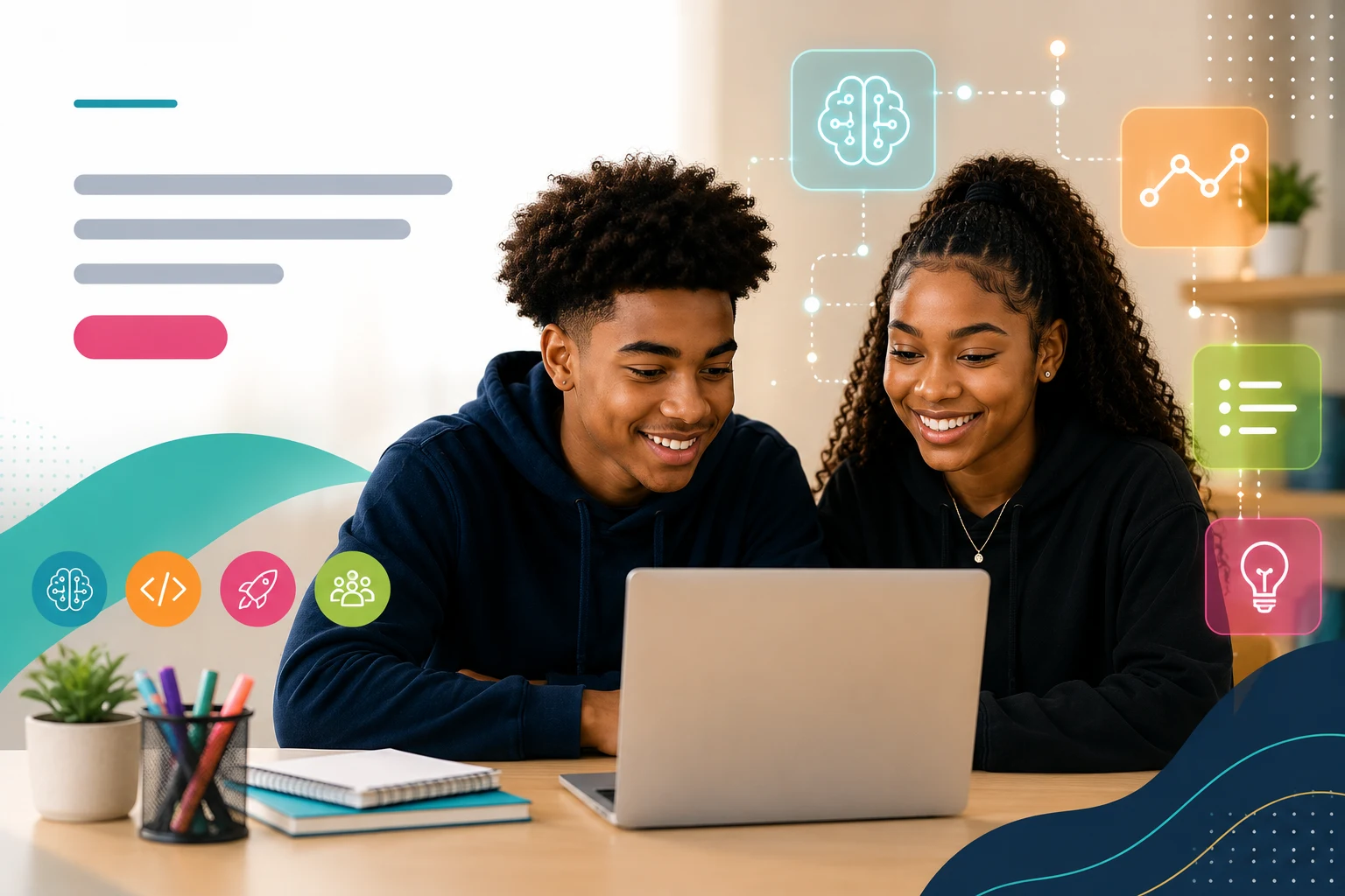 Two students smiling while working on a laptop